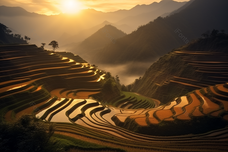 农业人工日出山坡上的梯田,高清,摄影图,摄影图片,图片大全,摄影图免费下载